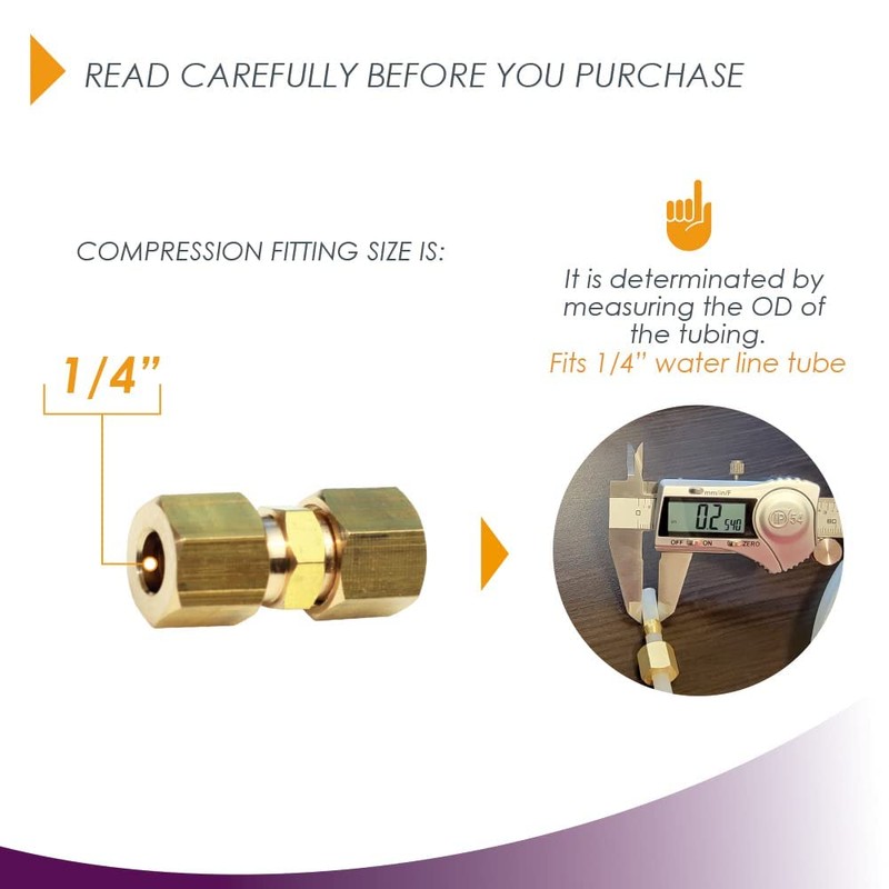 Ice Maker Water Line Brass Compression Tube Fitting, 1/4” OD
