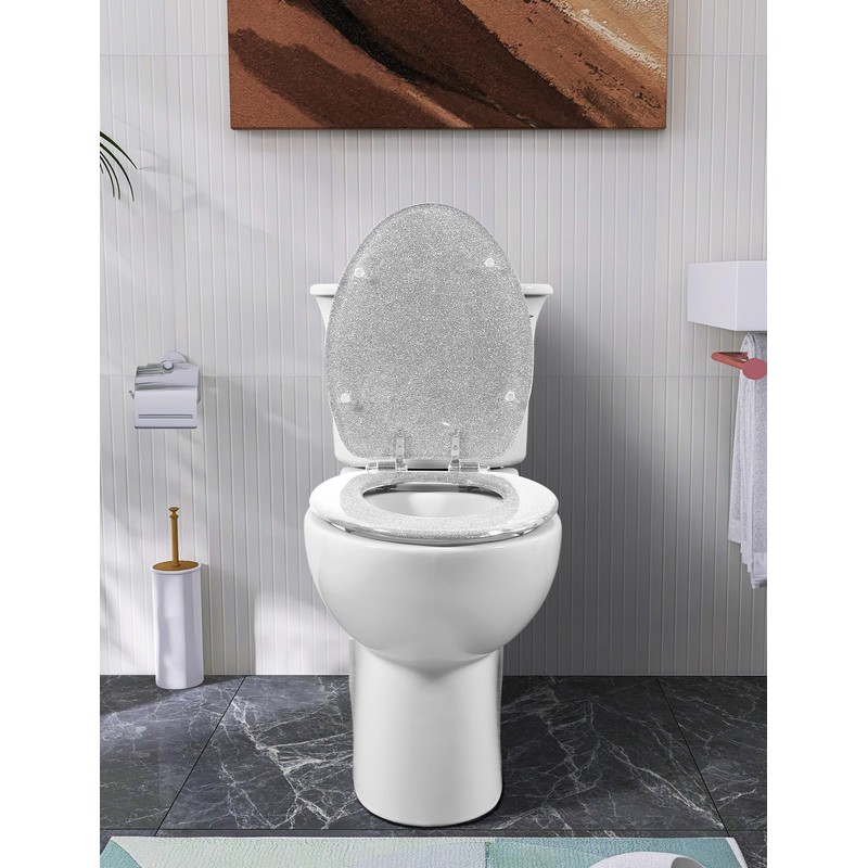 Toilet Seat Resin Elongated Silver Glitter Slow Quiet-Close Heavy Duty