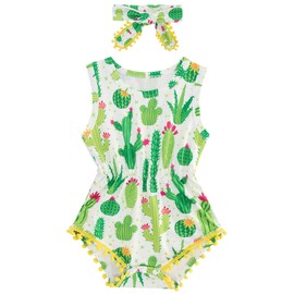 Baby Girl Rompers Summer Clothes Set Cute Cactus Bodysuit for Toddler Kids 18-24 Months with Headband 2Pcs Outfit Sleeveless Jumpsuit