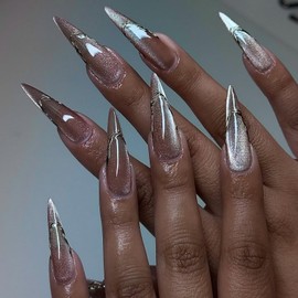 Long Press on Nails Stiletto MABKJLF 3D Silver Curve Line Fake Nails French Tip Nude Pink False Nails with Glitter Designs Sparkly Full Cover Glossy Stick on Nails Glue on Nails for Women Girls 24Pcs