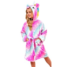 Ceruwum Unicorn Bathrobe for Girls Soft Fleece Dressing Gown with Hood, Pink/Purple/Blue