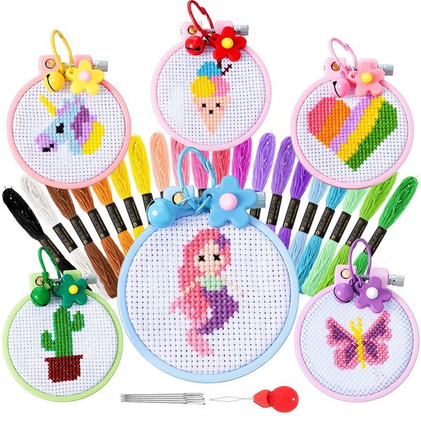 Chuangdi 6 Sets Cross Stitch for Kids Embroidery Kit for Beginners with Stamped Embroidery Patterns Starter Kit Needlepoint Cross Stitch Craft Supplies for Christmas Backpack Charms with Instructions
