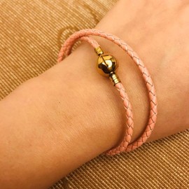 JMQJewelry Wife Husband Pink Jewelry Columbus Day Leather Gold Plated Charm Braided Double Charm Bead for Bracelets Women Men 18cm 7.1inches