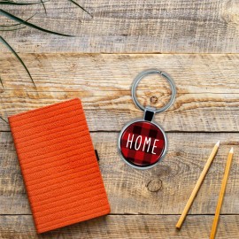 City Souvenirs VILLA CRAFT Home Christmas Red Plaid Keychain with Epoxy Dome and Metal Keyring