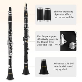 MoResolune B Flat Clarinet for Beginner, Student Clarinet Nickel-plated with 2 Barrels Stand Hard Case, Cleaning Kit for School Band Orchestra (Black)