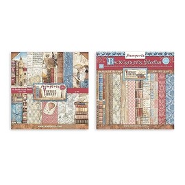 Stamperia International Vintage Library Bundle: 8" x 8" Double-Sided Paper Pad + 8" x 8" Backgrounds Double-Sided Paper Pad