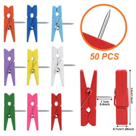Yalis Wooden Push Pin Clips 50 Pcs, Pins Clips Creative Paper Clips with Pins for Cork Board and Photo Wall No Holes for The Paper