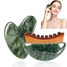 Lymphatic Contour Brushes & Jade Gua Sha Set, 2 in 1 Jade Contour Brushes, Gua Sha Facial Tools, Contour Face Brush for Lymphatic Drainage, Face Massage Gift Set
