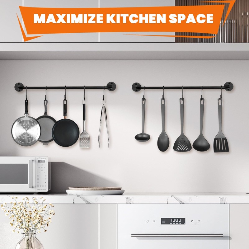 HOFURME 3 Pcs Wall Mounted Pot Pan Rack, Black Steel-Made