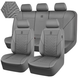 CAR PASS Faux Leather Car Seat Covers, 3D Tyre Embossed Waterproof Universal Fit 5 Seat Covers for SUV, Automotive Truck, Scratch Proof, Airbag Compatible (Deluxe Full Set, All Gray)
