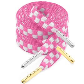YJRVFINE Flat Checker Shoe Laces: 2 Pairs 45 Inch Pink White Checkered Shoelaces with Metal Tip for Sneakers