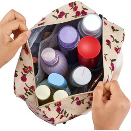 ZOEMTIU Large Makeup Bag for Women Corduroy Cosmetic bag Make up Bags Zipper Pouch with handle Cosmetic Organizer Toiletry Bag for Travel Storage, 8-Beige Rose