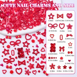 3D Assorted Chunky Nail Charms and Gems Kit, Pearls Bows Heart Star Cute 3D Flowers Rose Bear Macaron Round Beads Embellishments for Nail Art, Craft with Tweezer and Pickup Brush (5-20 Grids-Red)