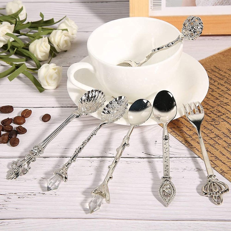 6 Pcs/Set Vintage Carved Coffee Spoons Teaspoons Retro Zinc Alloy