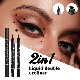 Dulele 5 PCS Black Liquid Eyeliner Stamp Pen Set, Double-Headed Waterproof Smudge-Proof Eyeliner Long Lasting Eyeliner Pen Tattoo Makeup Tool(Heart,Flower,Star,Butterfly,Triangle Seal Stamp)