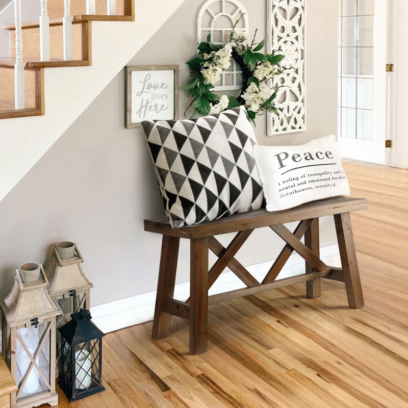 Wnutrees 30" Farmhouse Wood Bench, Rustic Solid Wood Entryway Bench