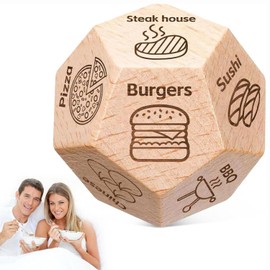 Wooden Food Decision Dice, 12 Sided Wooden Food Dice, Food Dice Game with 12 Food Patterns, Date Night Dice Food Dice Couples Gift Ideas, Reusable Valentine's Day Dice for Boyfriend Girlfriend