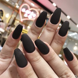 Pack of 24 Matte Ballerina Pure Colour False Nails Coffin Full Cover Medium Acrylic Art Nail Tips for Women and Girls (Black)