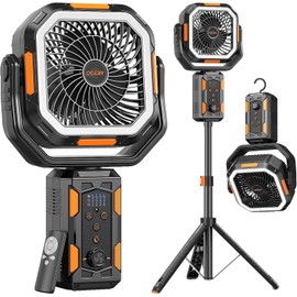 OGERY Camping Fan, Portable Fan with Adjustable Height Stand, 20000mAh Rechargeable Battery Powered Fan with Remote, LED Light, Auto Oscillation, Fast Charging, Floor or Desk Fan for Tent, RV, Travel