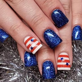 4th of July Press on Nails Short Square Fake Nails Blue Nails Press ons Independence Day False Nails with Stripe Star Designs Glossy Glue on Nails Glitter Acrylic Nails Stick on Nails for Women 24Pcs