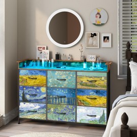 EXOTICA Welfuturer Dresser for Bedroom Van Gogh Dressers with 9 Drawers Chest of Drawers Fabric Clothes Drawer Fabric Closet Organizer for Living Room Entryway Nursery Sturdy Steel Frame Wood Top