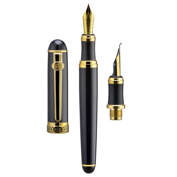 Lanxivi Duke D2 Fountain Pen Black Gold Trim Fine Nib