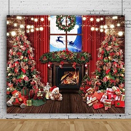 10x8ft Christmas Window Wonderland Large Backdrop Photography Snowy Winter Fireplace Photo Reindeer Santa Xmas Photocall Background Merry Xmas Family Home Decor Party Supplies Photobooth Props