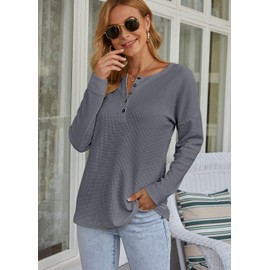 WNEEDU Women's Long Sleeve Tops Waffle Knit T-Shirts Loose V Neck Tunic Henley Shirts Button Up Blouse Dark Gray