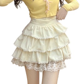 RILGOU Harajuku Gothic Lolita Kawaii Fashion Casual Style Elastic Waisted Soft Vintage Lace Trim Layered Tiered Skirt M Off-White