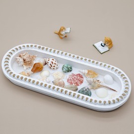 TOOLTENG Wood Serving Tray, Wooden Bead Decorative Tray, White Washed Coffee Table Tray for Ottoman, Rustic Distressed Decor for Home, Kitchen, Farmhouse (White)