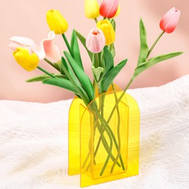 Yellow Acrylic Vase Arched for Modern Aesthetic Room Decor,Plastic Decorative Vase for Bedroom,Living Room Table - Mustard Yellow Acrylic Vase Decorative Centerpiece for Home or Wedding Office