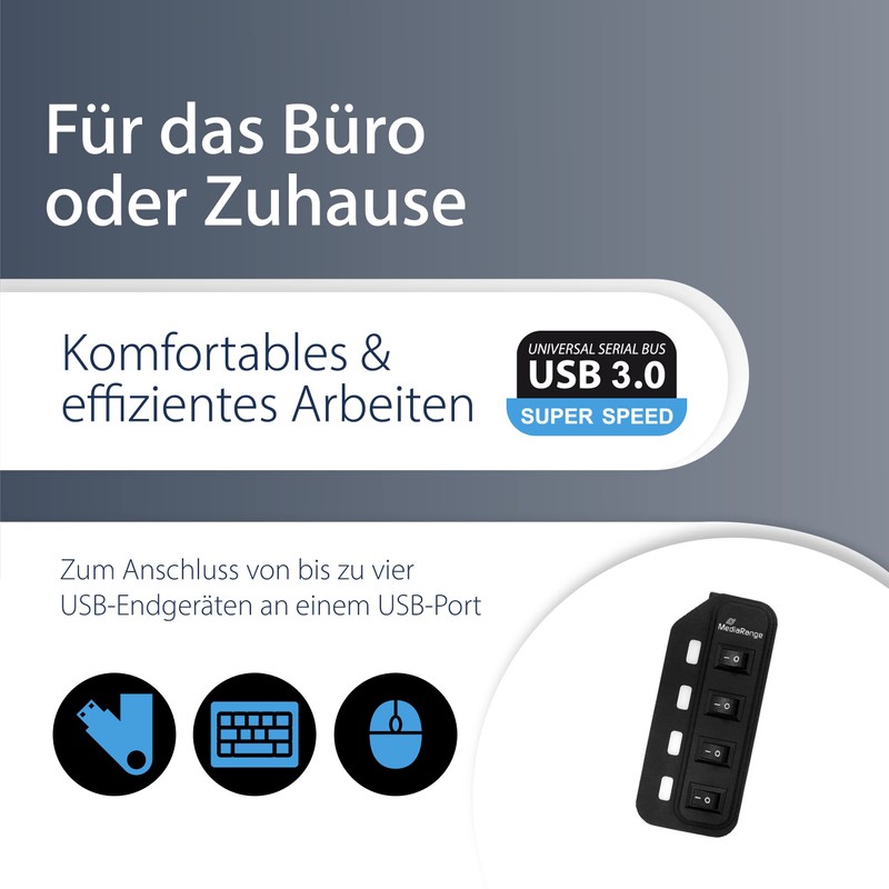 MEDIARANGE MRCS505 USB 3.0 Hub 1: 4 with Separate Switches,