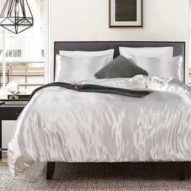 Fashion White Duvet Cover Set Double Size Silk Like Satin Bedding Sets Summer Reversible Quilt/Comforter Cover Polyester Honeymoon Sexy Luxury Soft Microfiber Bedding Decor