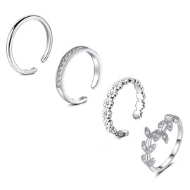 JFORYOU 4Pcs Toe Rings for Women Silver Adjustable Classic Circle Type Cubic Zirconia Band Flower Open Toe Ring Beach Foot Jewelry