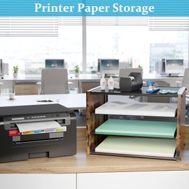 3-Tier Paper Letter Tray, Wooden Desk File Organizer, Stackable Metal Mesh Desk Organizer for Office Supplies. Small Paper Trays for Home Office School, Rustic Brown