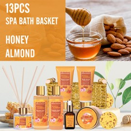 Gift Baskets for Women, Bath and Body Gift Set for her with 13pcs Honey Almond Scented Spa Gifts for Women, Bath Sets Includes Scented Candle, Shower Steamer, Bubble Bath, Bath Salt. Mothers Day Gifts