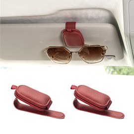 Yuoyar Sunglass Holder for Car, Magnetic Leather Sunglasses Holder and Ticket Card Clip, Car Visor Accessories, 2 Packs (Red)