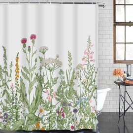 MAYTEC Shower Curtain Vintage Floral Border Herbs and Wild Flowers Botanical Engraving Style Colorful Field Vegetation Waterproof Polyester Fabric 72 x 72 inches Set with Hooks