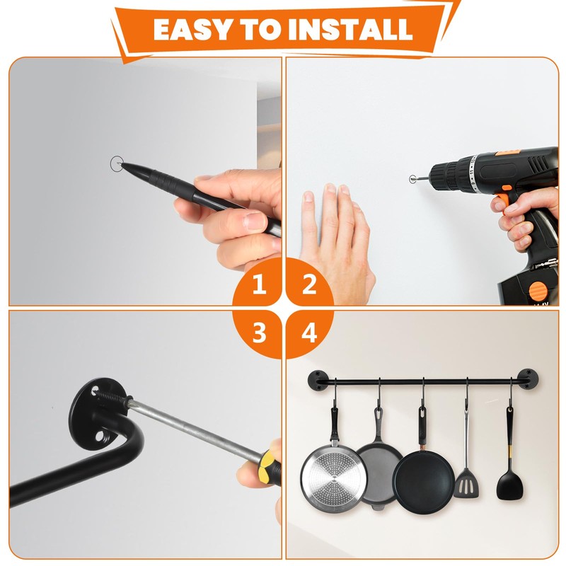 HOFURME 3 Pcs Wall Mounted Pot Pan Rack, Black Steel-Made