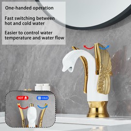 GGStudy Bathroom Faucet White Mixed Gold Swan Single Handle 1 Hole Bathroom Vanity Faucet Basin Tap Deck Mount Lavatory