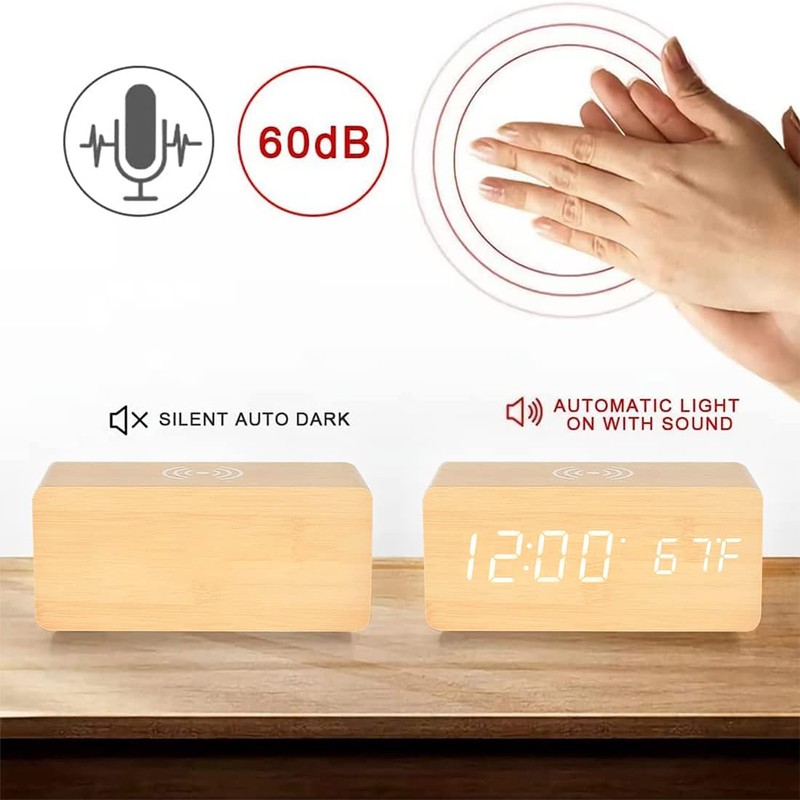 Wooden Digital Alarm Clock with Wireless Charging, 3 Alarms LED