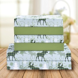 Elegant Comfort Luxury Soft Bed Sheets Holiday Pattern 1500 Premium Hotel Quality Microfiber - Softness Wrinkle and Fade Resistant (6-Piece) Bedding Set, Queen, Plaid Moose Green