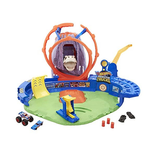 Hot Wheels Monster Trucks T-Rex Volcano Arena Playset with Lights & Sounds, Includes 2 Launchers, 1 Monster Truck & 1 Car, Gift for Kids Ages 3 Years & Older