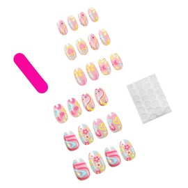 Colorful Press on Nails Short Medium Almond Fake with Star Smile Designs Flower Stick Gradient Love Heart False Rainbow Full Cover Acrylic Glue 24 Pcs (Colorful-13, Nails-13)