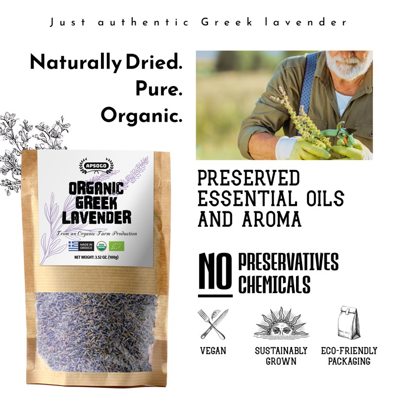 Apsogo Organic Greek Lavender Flowers - Dried Culinary Lavender Buds
