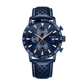 BASUMIU Mens Business Casual Watches Leather Band, Blue Men's Watch with Chronograph Display, Men's Wrist Watches with Day Date Elegant Gift for Men (Blue)