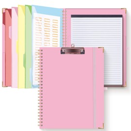 HAUTOCO Clipboard Folio with Refillable Notepad for Letter Size (11" x 8.5"), 5 Dividers with 10 Pockets, Elastic Pen Holder and File Folder Labels, Spiral Nurse Clipboard Artboard(Pink), HT154CB