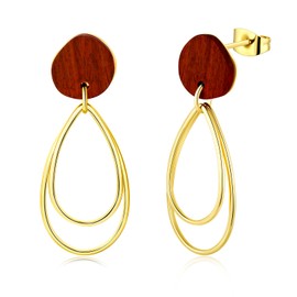 Natural Ebony Lightweight Dangle Earrings for Women and Girls Gold Plated Hypoallergenic, Yellow Gold Plated Copper, ebony