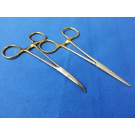 2 PCS Gold Handle Premium O.R Grade Mosquito Locking HEMOSTAT Forceps Straight + Curved 5" (HTI BRAND)