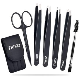 Triko Juego de Pinzas de Depilar para Cejas con Tijeras Curvadas, Juego de 6 Pinzas Profesionales para Cejas, Herramientas de Belleza con Estuche de viaje de cuero (Negro)